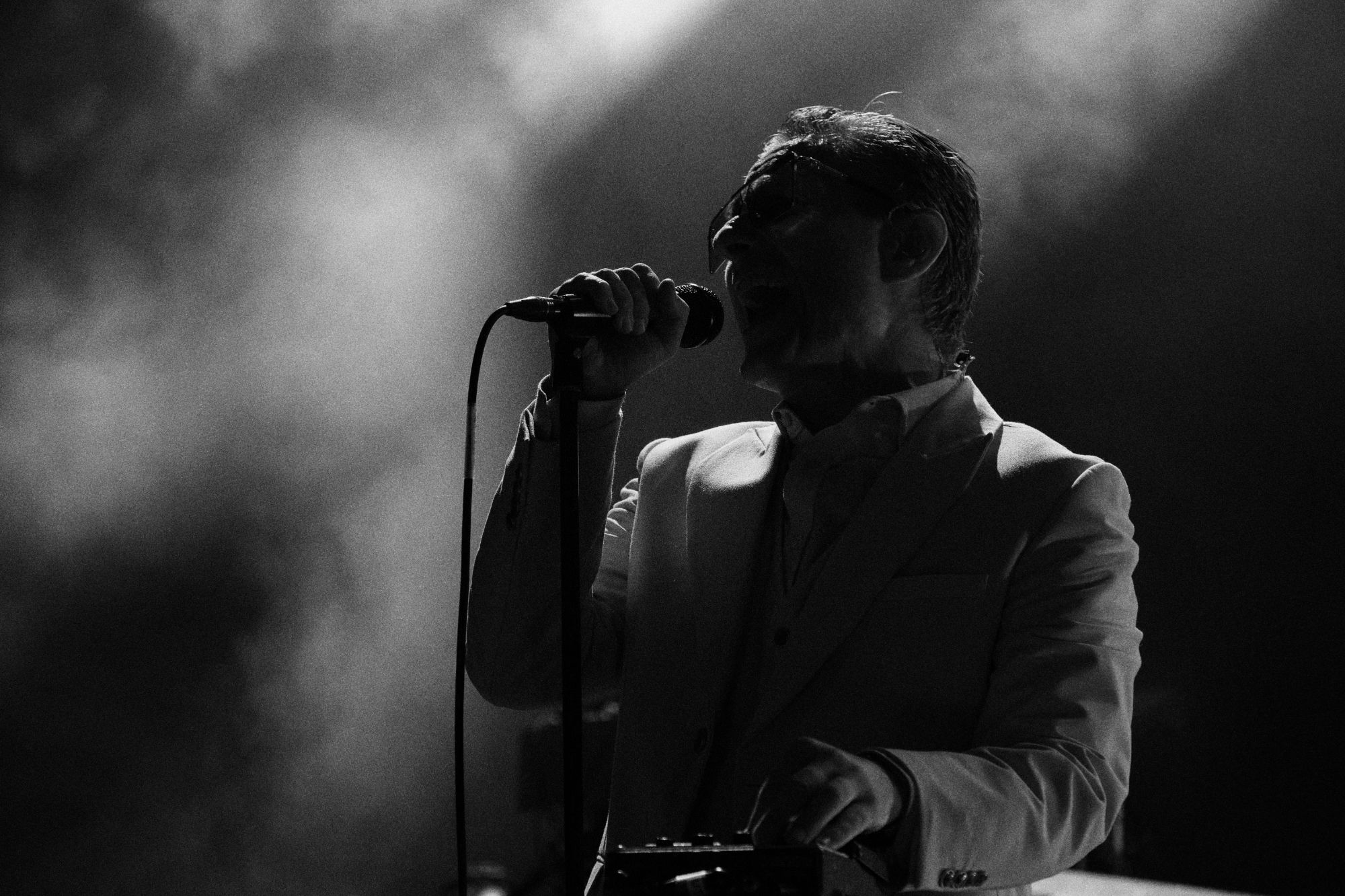 Black and white photo of Gus Gus performing live at Rock for Churchill