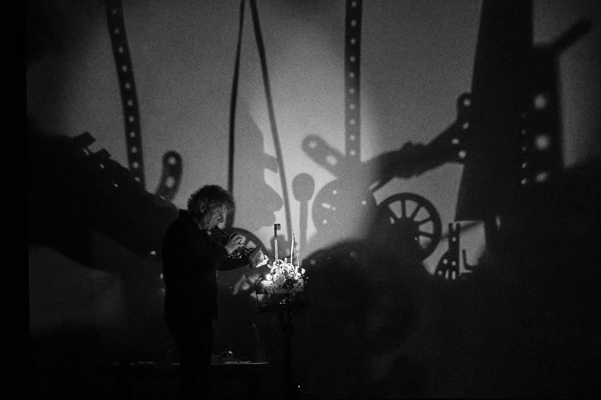 Black and white photo of Pierre Bastien performing at Meet Factory in Prague